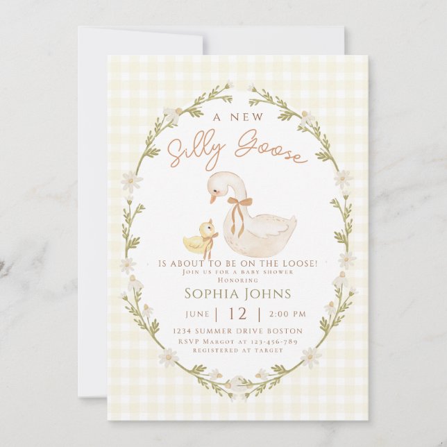 Silly Goose Gingham Duck Gender Neutra Baby Shower Invitation (Front)