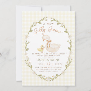 Silly Goose Gingham Duck Gender Neutra Baby Shower Invitation