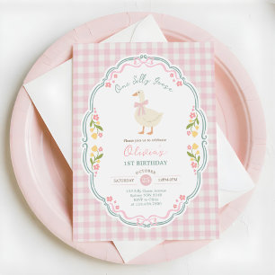 Silly Goose Gingham Duck Gender Neutra Baby Shower Invitation