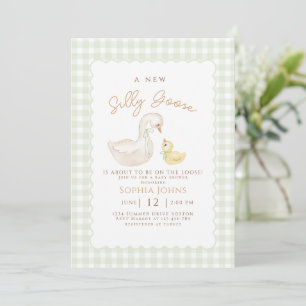 Silly Goose Gingham Duck Gender Neutra Baby Shower Invitation