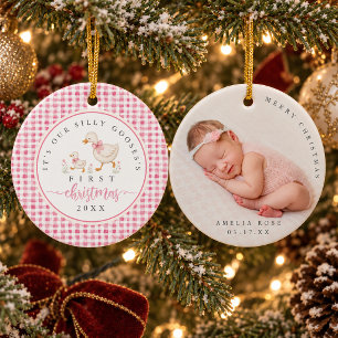 Silly Goose Gingham Photo Baby First Christmas Ceramic Tree Decoration