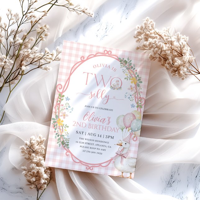 Silly Goose Girl 2nd Birthday Pink Gingham Invitation (Creator Uploaded)