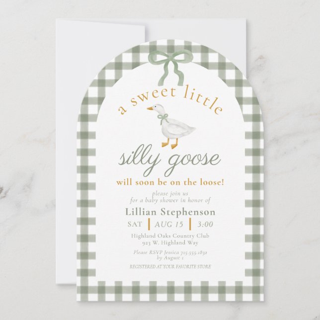 Silly Goose Green Gingham Arch Baby Shower QR Code Invitation (Front)