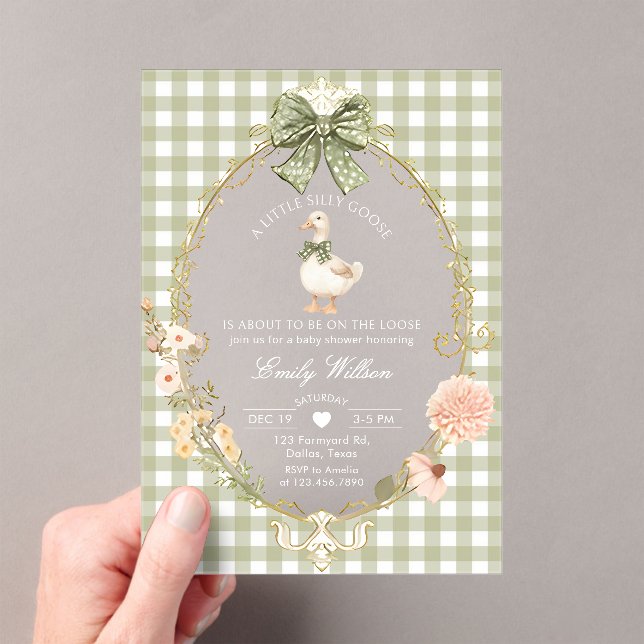 Silly Goose Green Gingham Baby Shower Acrylic Invitations (Insitu (Handheld))