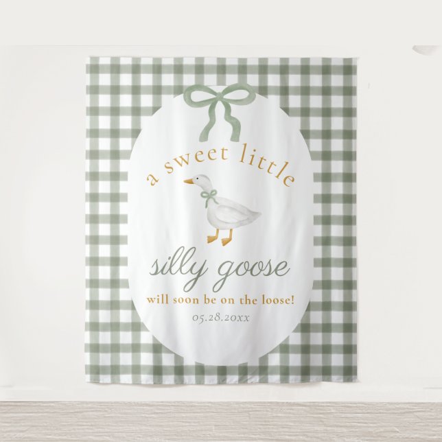 Silly Goose Green Gingham Baby Shower Backdrop Tapestry (Front)