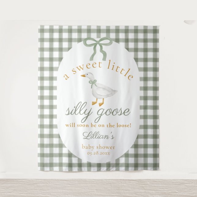Silly Goose Green Gingham Baby Shower Backdrop Tapestry (Front)