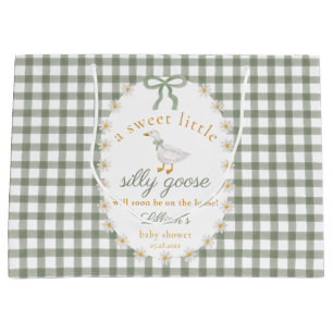 Silly Goose Green Gingham Cottagecore Baby Shower Large Gift Bag