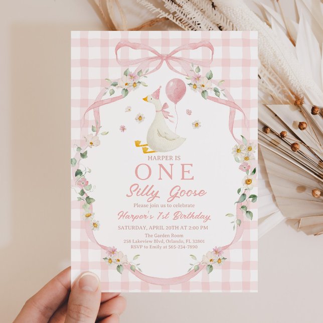 Silly Goose Invitation: 1st Birthday, Pink Floral  Invitation (Creator Uploaded)