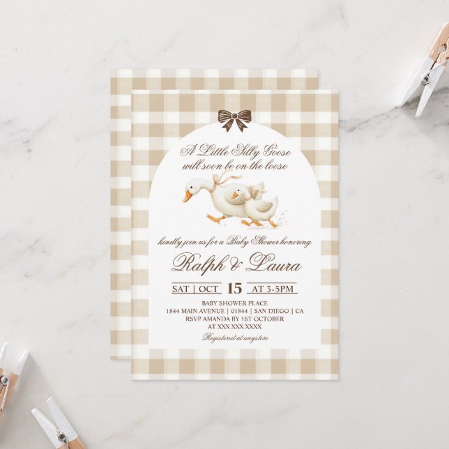 Silly Goose Neutral Gingham Baby Shower Invitation (Front/Back In Situ)