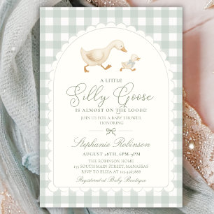 Silly Goose Neutral Sage Green Gingham Baby Shower Invitation