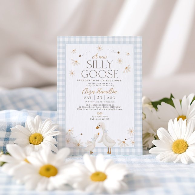 Silly Goose on the Loose Baby Shower Blue Gingham Invitation (A new silly goose is about to be on the loose! Boy's Blue Gingham Goose Baby Shower Invitation)