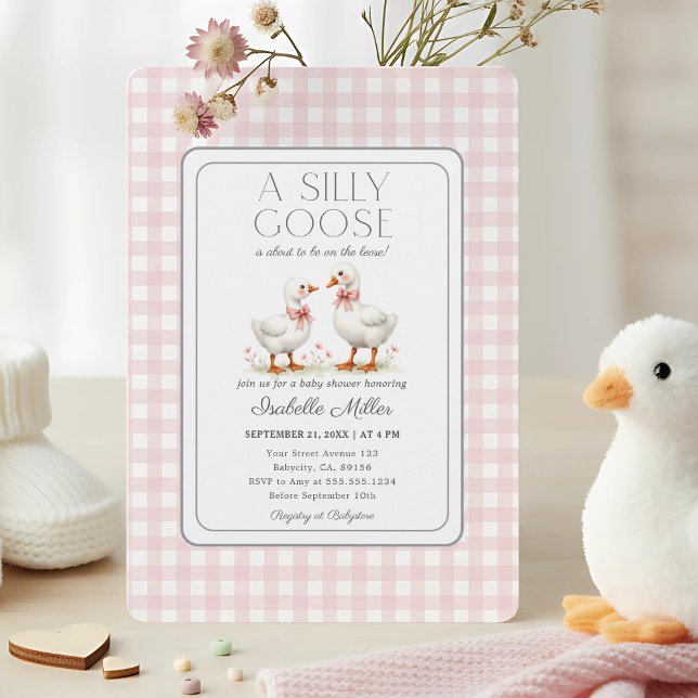 Silly Goose on the Loose Baby Shower Pink Gingham  Invitation (Creator Uploaded)