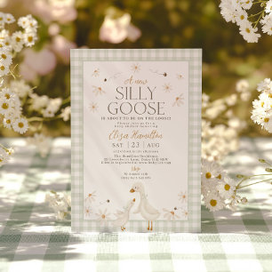 Silly Goose on the Loose Baby Shower Sage Gingham Invitation