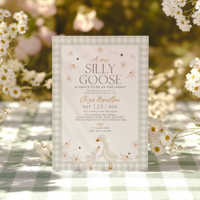 Silly Goose on the Loose Baby Shower Sage Gingham Invitation (A new silly goose is about to be on the loose! Sage Green Gingham Goose Baby Shower Invitation)