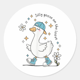 Silly Goose On The Loose Funny Goose Pun Boys Kids Classic Round Sticker