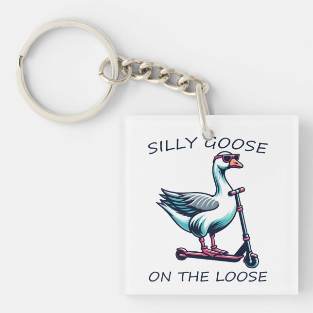Silly Goose On The Loose Goose Skating on Scooter Key Ring (Front)