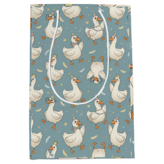 Silly Goose Party – Blue Background with Feathers Medium Gift Bag