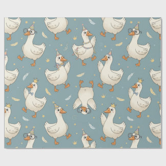 Silly Goose Party – Blue Background with Feathers Wrapping Paper