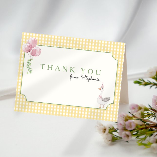 Silly Goose Pink Balloons Gingham Thank you Card (Silly Goose Thank you Card)