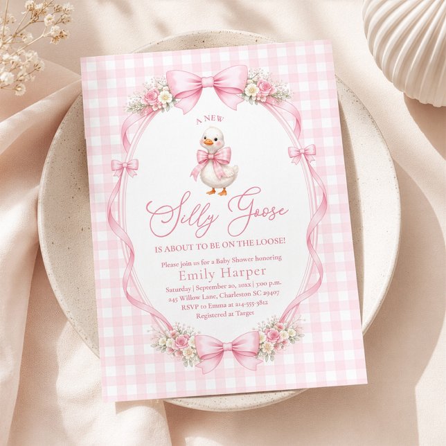 Silly Goose Pink Bow Baby Shower Invitation (Creator Uploaded)