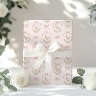 Silly Goose Pink Bow crest Vintage baby shower Wrapping Paper