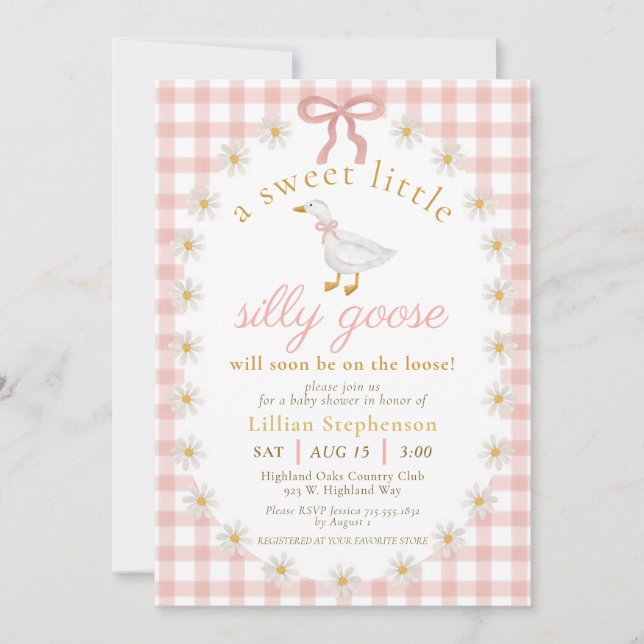 Silly Goose Pink Bow Daisy Gingham Baby Shower Invitation (Front)