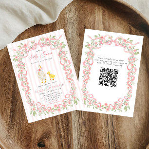  Silly Goose Pink Bow Floral QR Code Baby Shower  Invitation