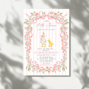  Silly Goose Pink Bow Floral QR Code Baby Shower  Invitation