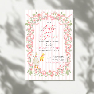  Silly Goose  Pink Bow Floral Roses Baby Shower Invitation