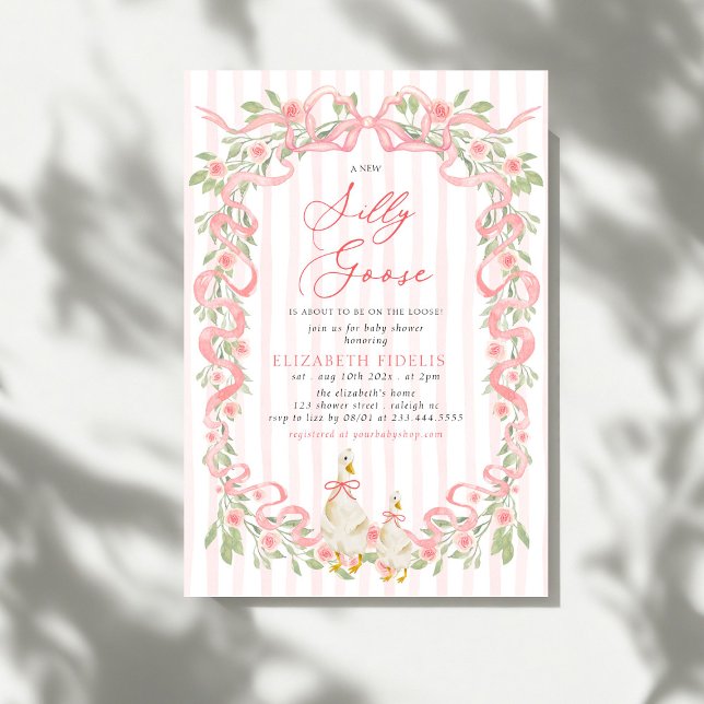  Silly Goose  Pink Bow Floral Roses Baby Shower Invitation (Creator Uploaded)