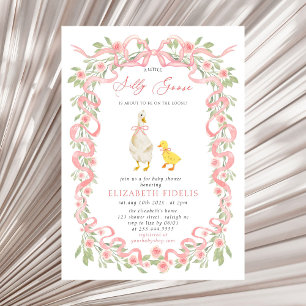  Silly Goose  Pink Bow Floral Roses Baby Shower Invitation