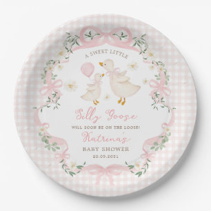 Silly Goose Pink Bow Gingham Girl Baby Shower Paper Plate