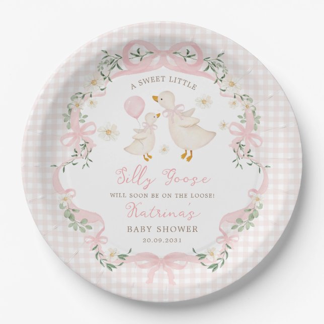Silly Goose Pink Bow Gingham Girl Baby Shower Paper Plate (Front)