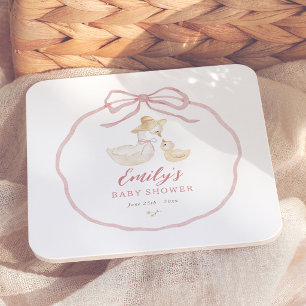 Silly Goose Pink Bow Wildflower Baby Shower Square Paper Coaster