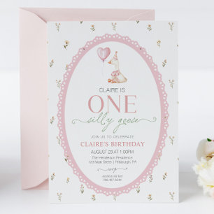Silly Goose Pink Floral First Birthday Invitation