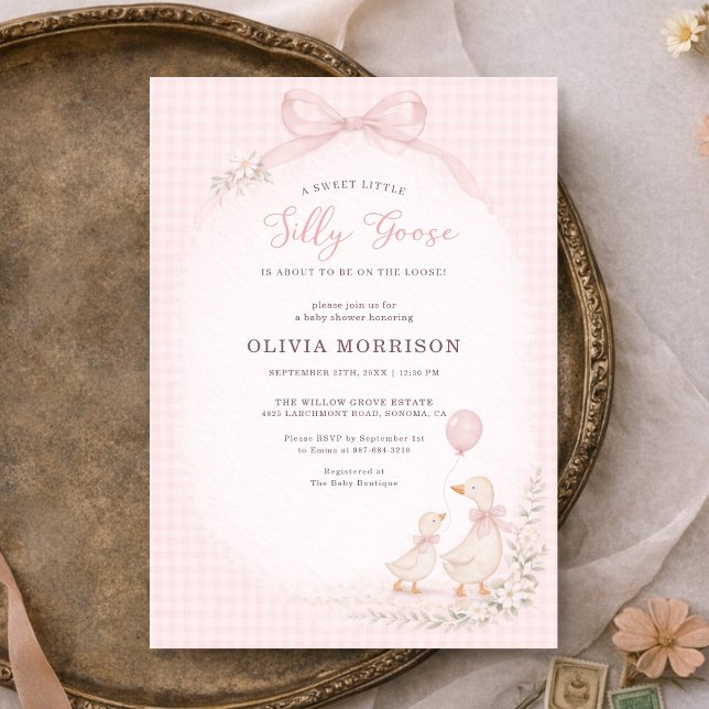 Silly Goose Pink Gingham Baby Shower Invitation (Creator Uploaded)