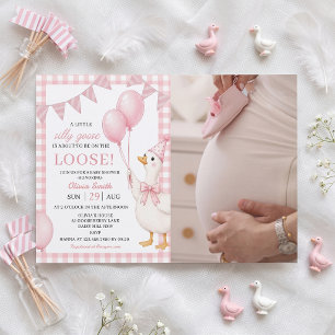 Silly Goose Pink Gingham Baby Shower Invitation