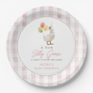 Silly Goose Pink Gingham Baby Shower Paper Plate