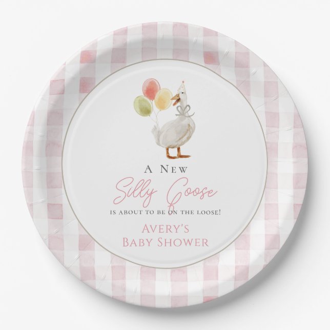 Silly Goose Pink Gingham Baby Shower Paper Plate (Front)