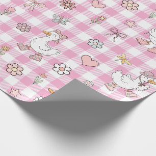 Silly Goose Pink Gingham Birthday Wrapping Paper