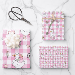 Silly Goose Pink Gingham Birthday Wrapping Paper Sheet