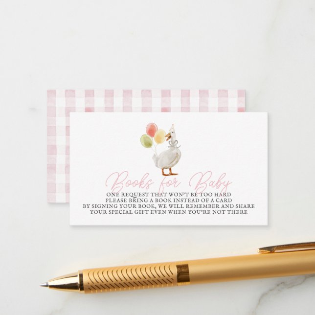 Silly Goose Pink Gingham Books for Baby Enclosure Card (Front/Back In Situ)