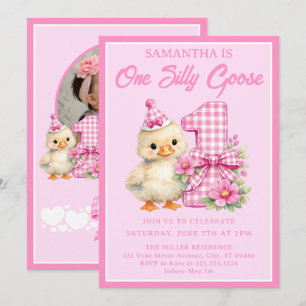 Silly Goose Pink Gingham Bow 1st Birthday photo Invitation