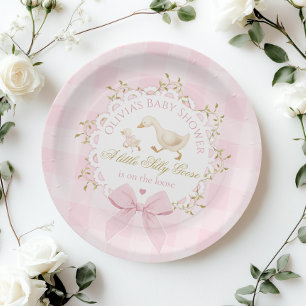 Silly Goose Pink Gingham Bow Baby Shower Paper Plate