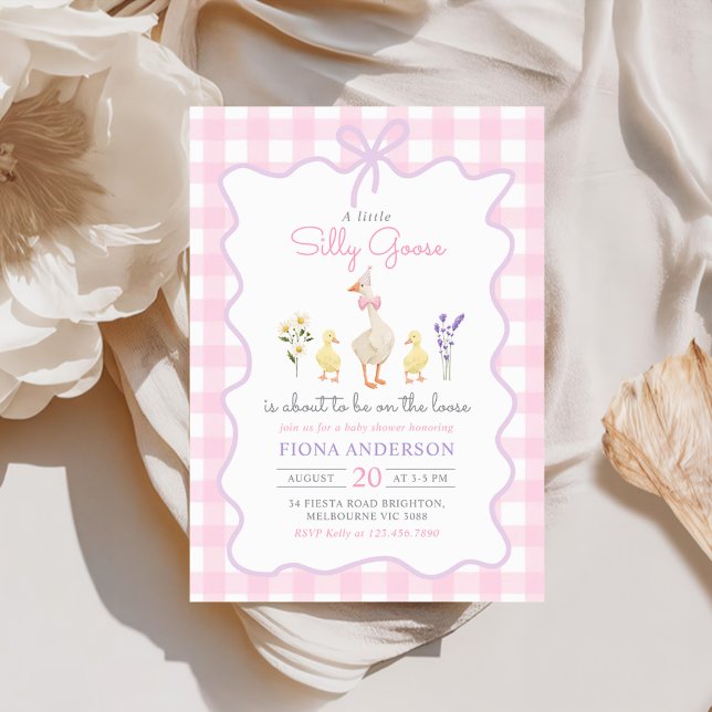 Silly Goose Pink Gingham Bow Duck Baby Shower Invitation (Creator Uploaded)