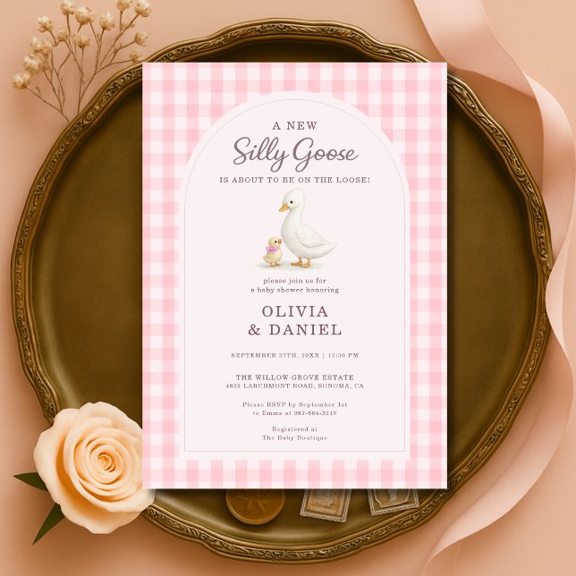 Silly Goose Pink Gingham Couples Baby Shower Invitation (Creator Uploaded)