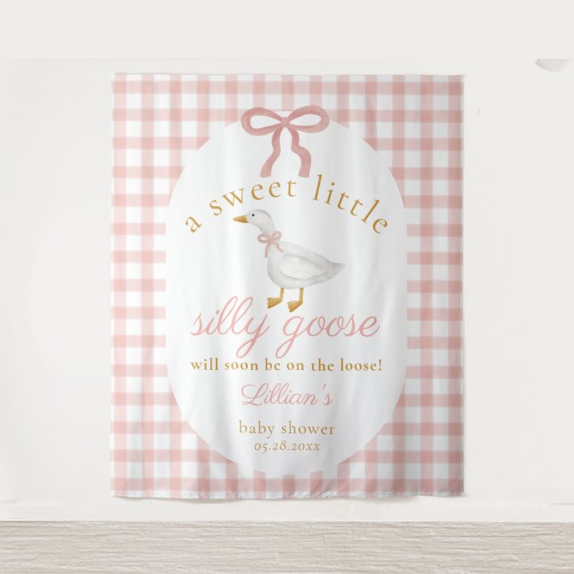 Silly Goose Pink Gingham Girl Baby Shower Backdrop Tapestry (Front)