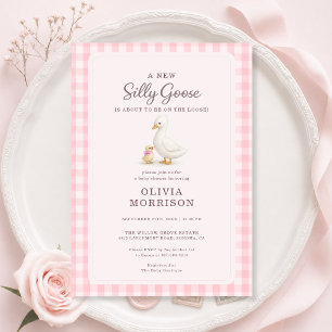 Silly Goose Pink Gingham Girl Baby Shower Invitation
