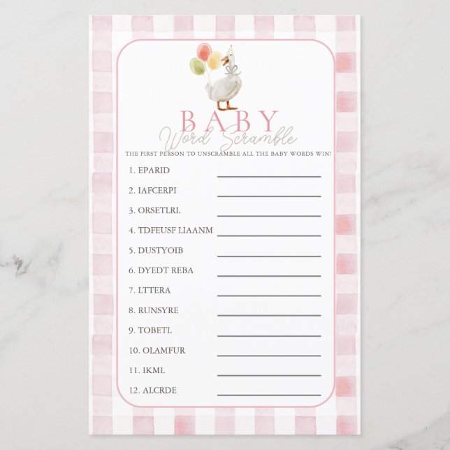 Silly Goose Pink Gingham Girl Baby Word Scramble (Front)
