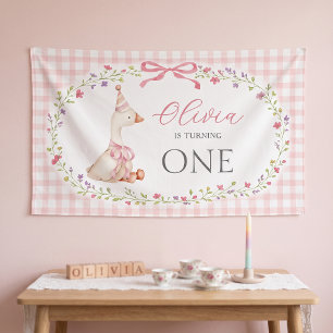Silly Goose Pink Gingham Girl Birthday Banner